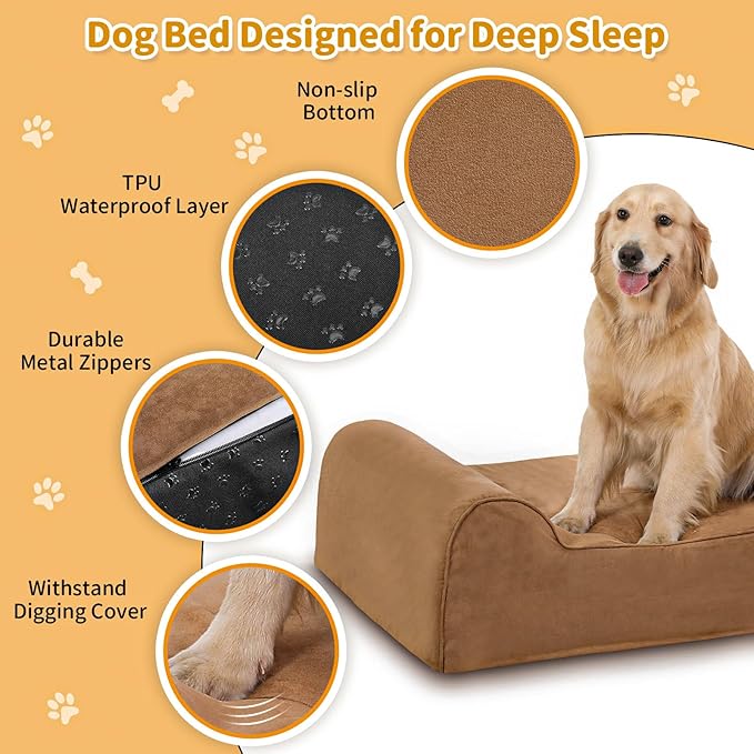 Orthopedic Dog Beds for Large Dogs, 7" Memory Foam Dog Beds with Waterproof Liner, Chew Proof Microsuede Cover, Removable and Washable, Nonskid Bottom, 48"x30" L Khaki