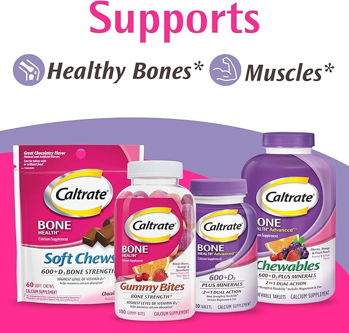 Caltrate Chewables 600 Plus D3 Plus Minerals Calcium Vitamin D Supplement, Cherry, Orange and Fruit Punch - 60 Count
