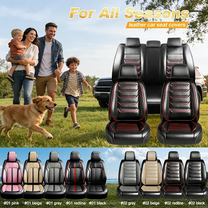 Fit Trax Car Seat Covers (Front Pair) for Chevrolet/Chevy Trax 2015-2026 - Luxury Full Coverage Leather, Waterproof & All Weather Seat Cushion Protector, Airbag Compatible, Black with Red Trim