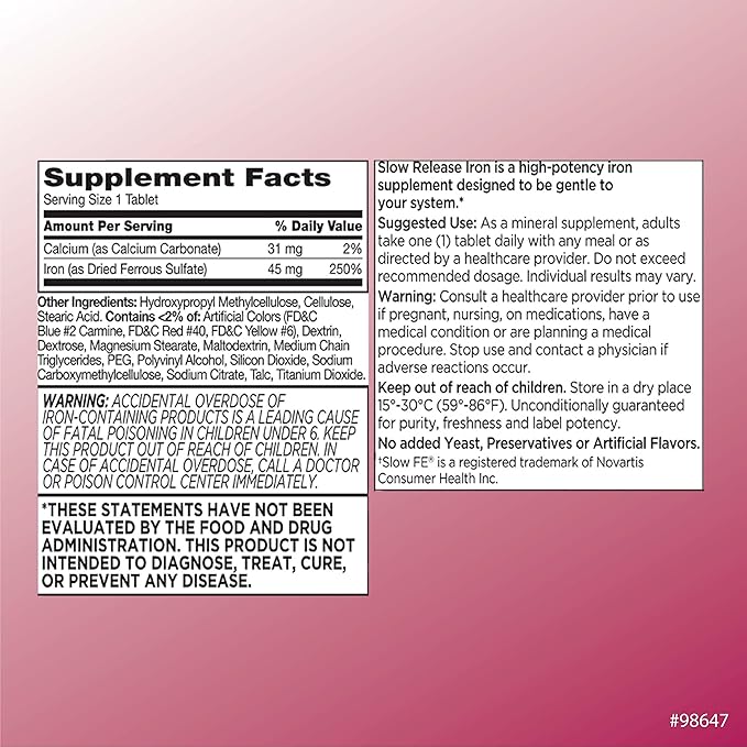 Quality Choice Iron High Potency Slow Release Tablets, 45mg, 60 Tabets Each (Pack of 6)