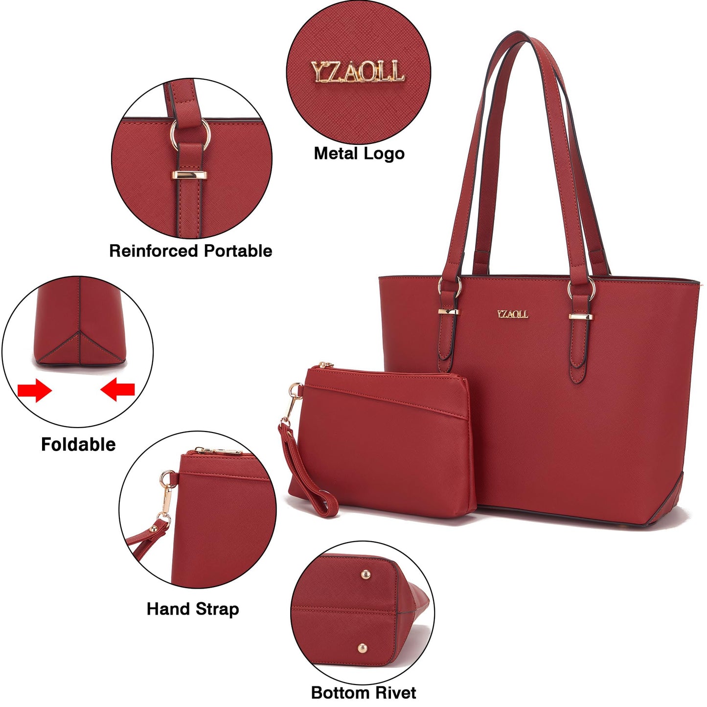Handbags for Women Shoulder Bags Tote Satchel With Matching Wrist Bag 2pcs Purse Set AnRed