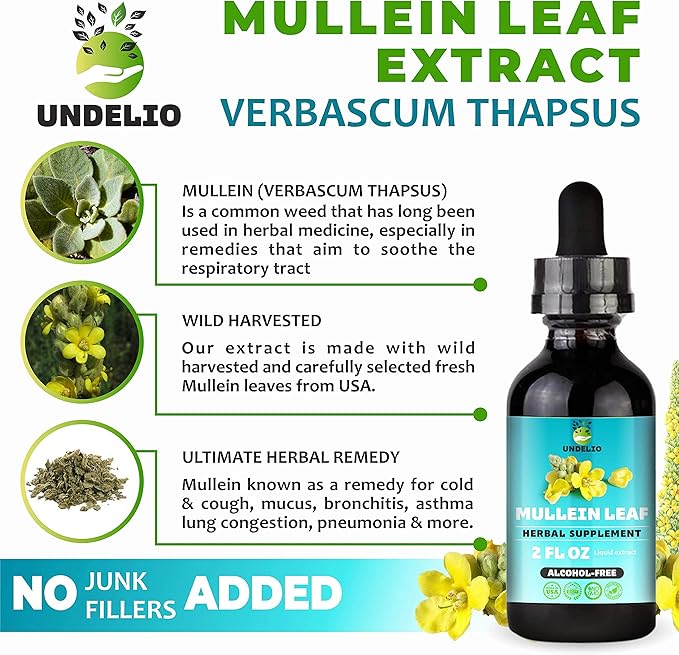 Undelio's Herbal Mullein Leaf Extract - Organic & Alcohol-Free Tincture for Respiratory, Lung, Sleep & Digestive Support - Non-GMO, Vegan - 2 fl. Oz for Immune Health & Lung Detox