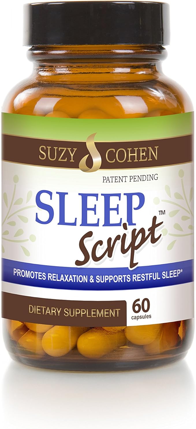 Suzy Cohen Sleep Script with Melatonin - Botanical Sleep and Relaxation Formula for Adults for Mood, Stress and Sleep, Contains 5-HTP, L-theanine, Passionflower, Lemon Balm and GABA 60 Capsules.