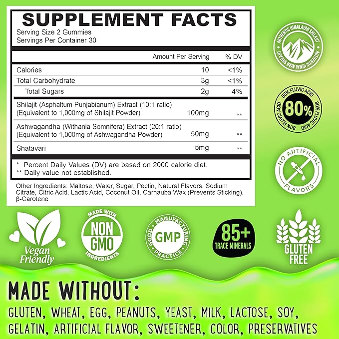 Pure Himalayan Shilajit Gummies - 100% Authentic Shilajit Reisin Extract for Men and Women with Ashwagandha and Shatavari - 60 Gummy - Apple & Kiwi and Peach & Mango Bundle
