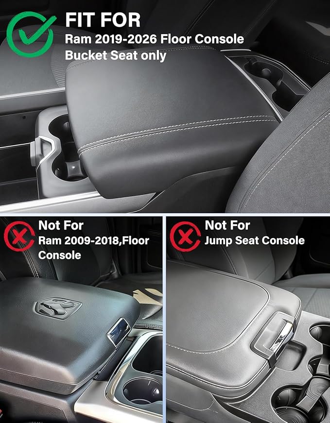 Center Console Armrest Cover Compatible with 5th Gen 2019-2026 Dodge RAM 1500 2500 3500 Accessories, Vinyl Leather Middle Console Pad Cushion Pad, Anti-Scratch, Black(Fits Bucket Seat Only)