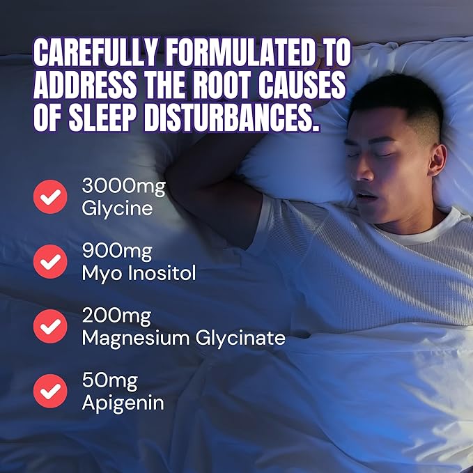 Natural Sleep Support Supplement with Magnesium Glycinate, Myo-Inositol, Apigenin & Glycine, Melatonin Free, Sleep Aid for Adults, Non GMO, Gluten Free, Vegan, Raspberry Lemon Flavor, 30 Svgs