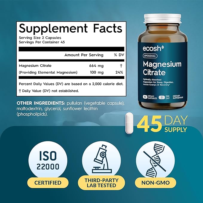 Liposomal Magnesium Citrate Capsules — High Absorption Magnesium Supplement for Constipation, Sleep, Muscle Cramps & Recovery | High Potency Mg | Easy to Swallow Veg Capsules | Non-GMO | 90 ct