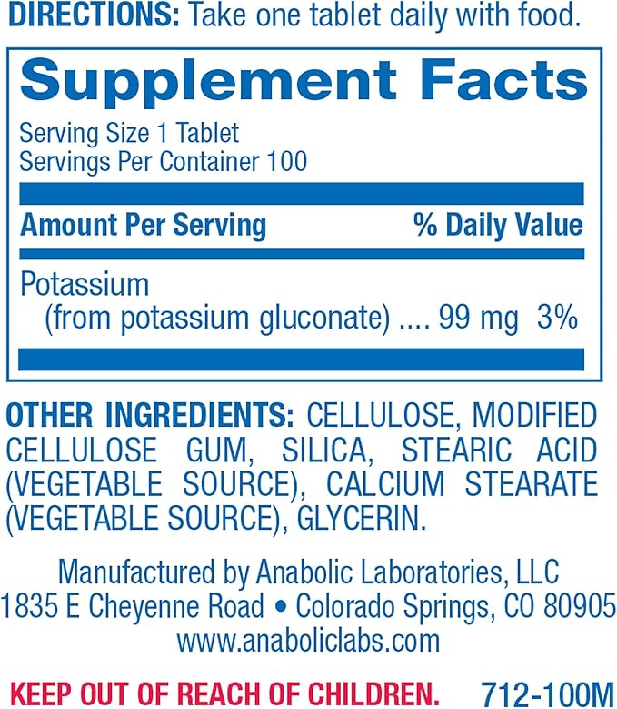 Potassium Supplement 99 mg - 100 Vegetarian Tablets of Potassium Gluconate - Promotes Heart, Nerve, and Muscle Health - Koratate