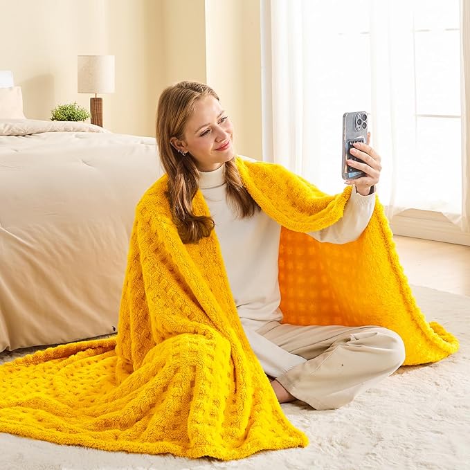 NEWCOSPLAY Super Soft Throw Blanket Yellow Premium Silky Flannel Fleece 3D Waffle Checkered Lightweight Bed Blanket All Season Use (Mustard Yellow, Throw(50"x70"))