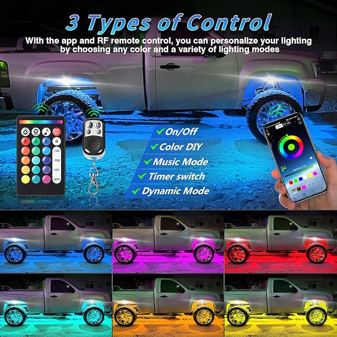 8Pods RGB LED Rock Lights Kit with APP/RF Remote Control Dual Zone Brake, Bright Underglow Multicolor Neon Underbody Light Waterproof 12V for Trucks Pickup Jeep Golf Cart SXS ATV Off Road Vehicles