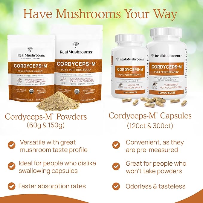 Real Mushrooms Cordyceps Powder - Performance Mushroom Extract with Organic Militaris for Energy Immune Support Vegan Supplement, Non-GMO, 150 Servings