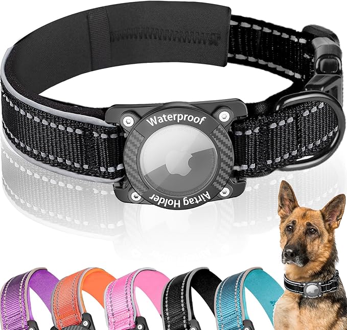 Upgraded AirTag Dog Collar, IP68 Waterproof Dog Collar with Apple Air Tag Holder, Reflective Adjustable Heavy Duty Dog Collars with Soft Padded for Small, Medium and Large Dogs,Black, S