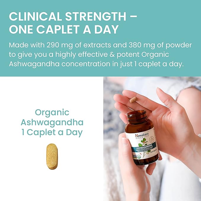 Himalaya Organic Ashwagandha, 90 Day Supply, Herbal Supplement for Stress Relief, Energy Support, Occasional Sleeplessness, USDA Certified Organic, Non-GMO, Vegan, Gluten Free, 670 mg, 90 Caplets