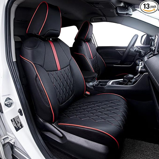 HKZ Custom Fit RAV4 Hybrid Car Seat Covers Set for 2019 2020 2021 2022 2023 2024 2025 Toyota RAV4 Hybrid Model Only LE,XLE,Limited,Woodland Edition,XLE Premium- 5 Seats Full Set Leather(Black&Red)