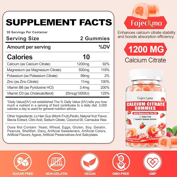 Calcium Citrate Gummies for Women Men: 1200 Calcium Magnesium Zinc with Vitamin D3 B6 Supplement for Adult - Vegan High Absorption Chewable Gummy Sugar Free(60Count)