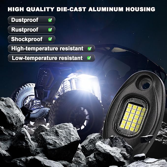 White Rock Lights with 15FT Wire Extender, Aluminum Case, 24Chip High Power 6000k Pure White, Waterproof IP68 Underglow Lights for Trucks Jeep UTV ATV (4 PCS)