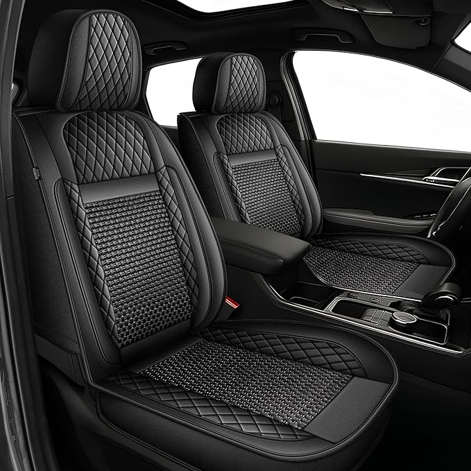 TTX LIGHTING for Toyota Prius 2003-2015 Car Seat Covers, Breathable Ice Silk & Leather Seat Protector, Cool & Anti-Sweat for Long Driving, Airbag Compatible, 2 Front Seats (Black)