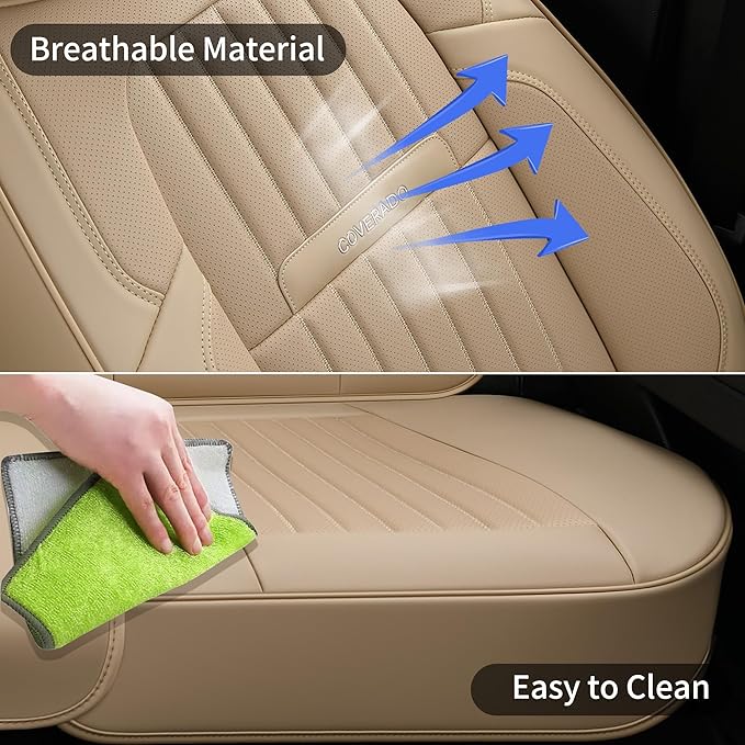 Coverado Beige Nappa Leather Car Seat Covers, Universal Fit Front Seats, 2-Pack Waterproof Seat Covers, Perforated Faux Leather, Compatible with Most Cars Trucks