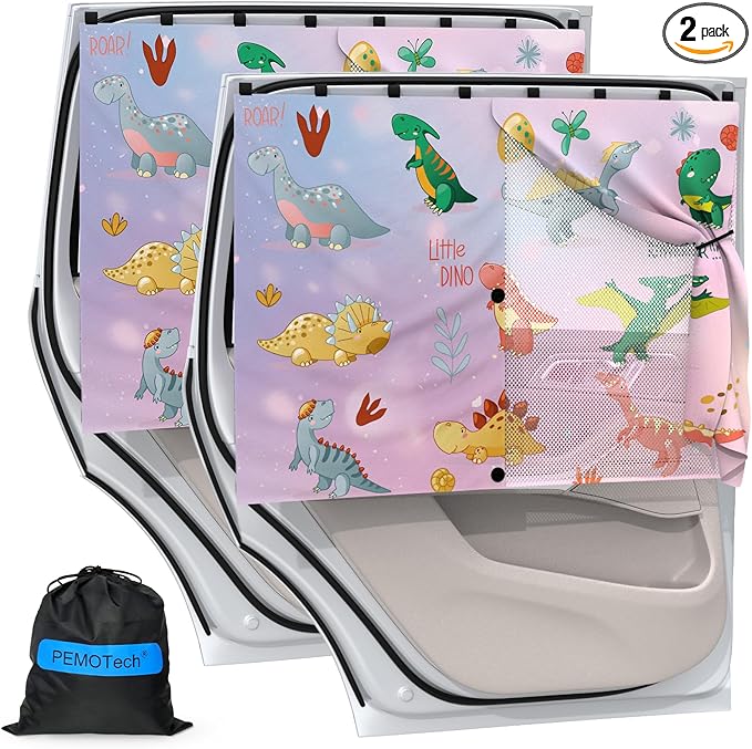 Car Window Shades with 8 Magnets-26.8"x19.7" Car Rear/Side Window Sunshade for Baby Semi-Transparent 2-in-1 Universal Auto Sun Shade for Kid & Pet Protection (2 Pack) Dinosaur Cartoon