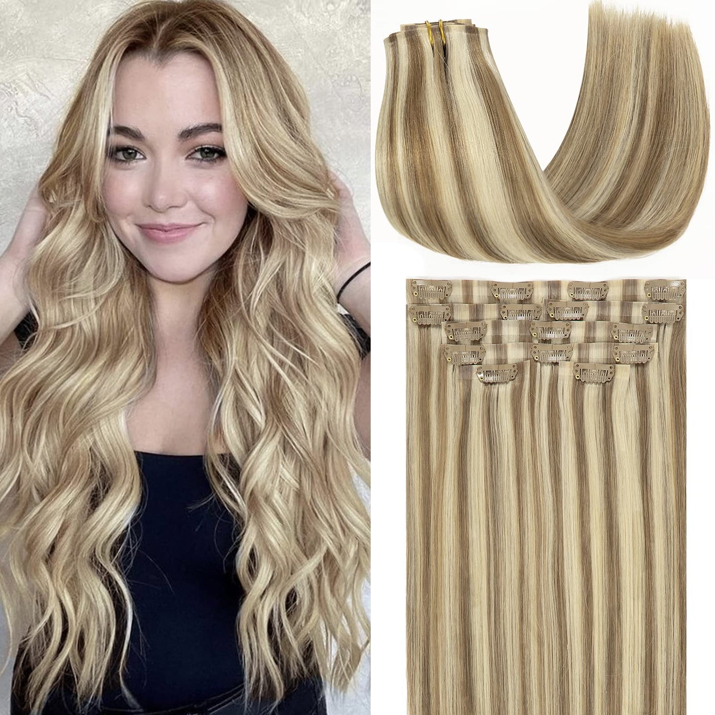 Loxxy Seamless Human Hair Clip In Extensions 22Inch Piano Light Ash Brown Mixed With Platinum Blonde Clip In Hiar Extensions Rea