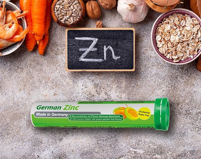German Zinc 140 Drink Effervescent Tablets - Peach and Passion Fruit Flavour - 5 mg Zinc, Sugarfree, Vegan - T&D Pharma – Made in Germany
