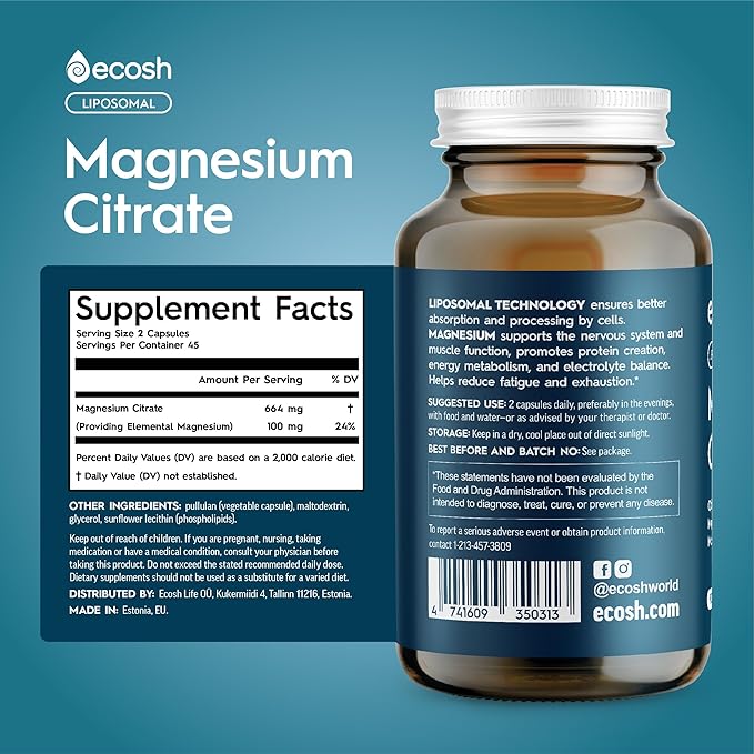 Liposomal Magnesium Citrate Capsules — High Absorption Magnesium Supplement for Constipation, Sleep, Muscle Cramps & Recovery | High Potency Mg | Easy to Swallow Veg Capsules | Non-GMO | 90 ct
