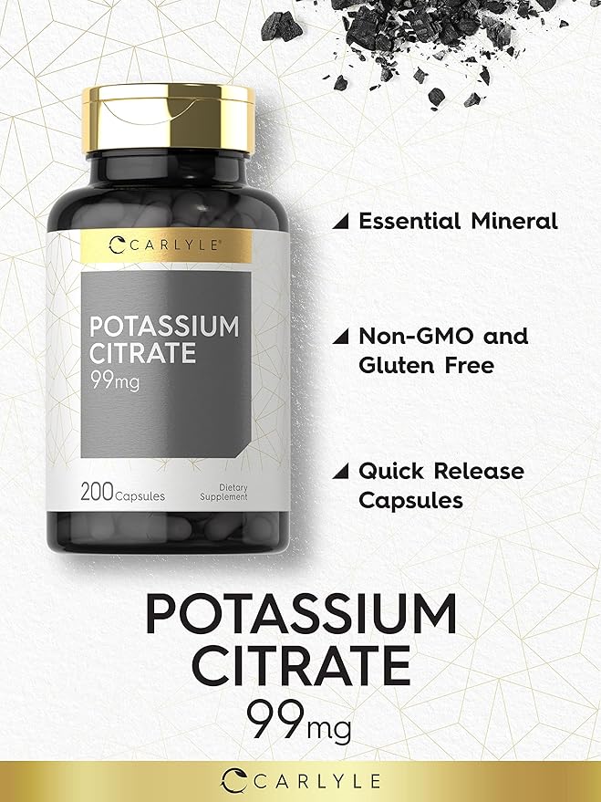 Carlyle Potassium Citrate Supplement | 99mg | 200 Capsules | Non-GMO and Gluten Free