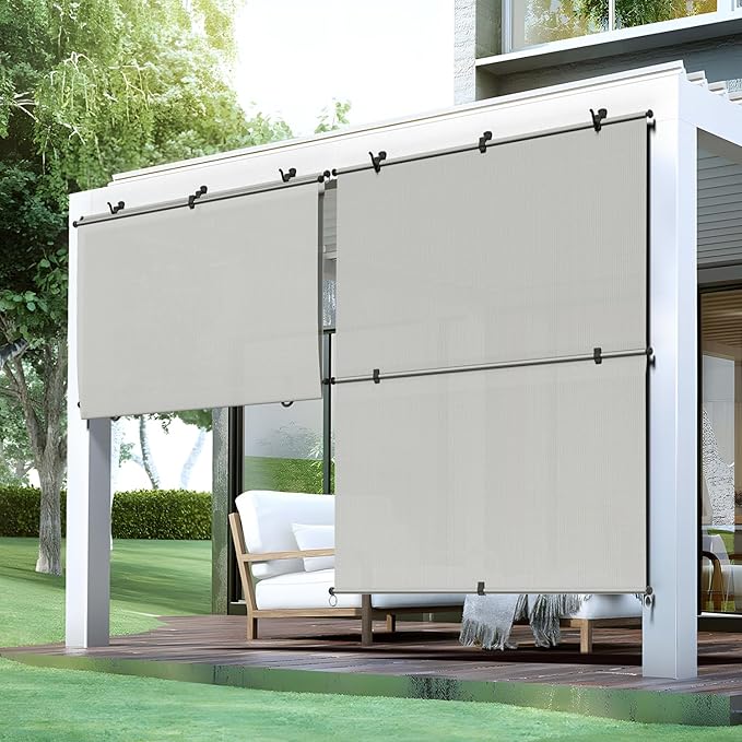 Bynbbur 6'W x 8.5'H Outdoor Patio Shades Foldable Roller Blinds, 220 GSM Sun Shade Roll Up Porch Screens Exterior Shade Cloth for Deck Pergola Backyard, Light Gray