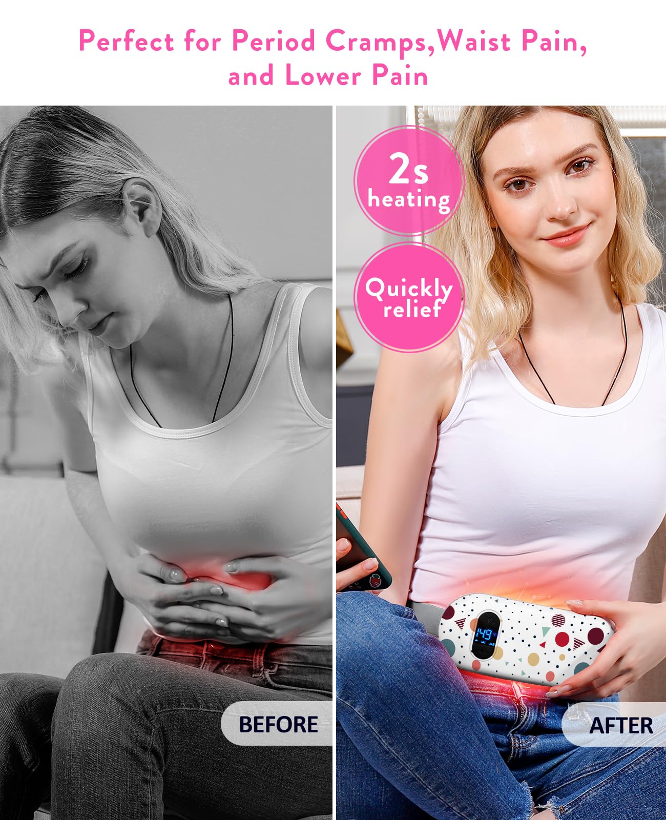 Portable Heating Pad for Period Cramps: Cordless Menstrual Heating Pad with 6 Heat Levels and 6 Massage Modes, 3s Fast Heating Gift for Women and Girl(Pink)