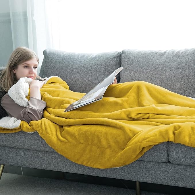 IR Imperial Rooms Ochre Sherpa Fleece Throw Blanket Twin Size for Bed - Wholesale Bulk Pack of 12 Sherpa Blankets - Soft Fluffy Throw Blankets for Hotels, Guest Bedroom (Yellow, 60x80 Inches)
