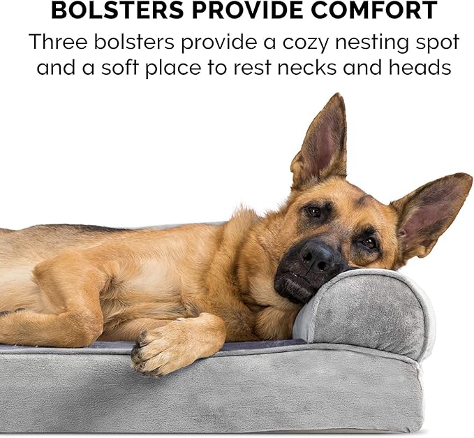 Furhaven Cooling Gel Dog Bed for Large Dogs w/ Removable Bolsters & Washable Cover, For Dogs Up to 125 lbs - Faux Fur & Velvet Sofa - Smoke Gray, Jumbo Plus/XXL