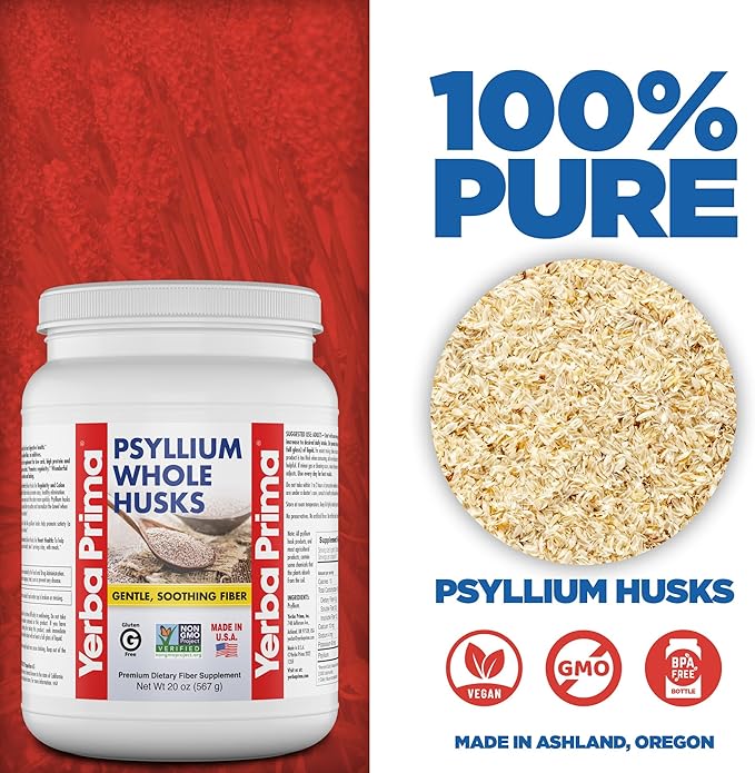 Yerba Prima Whole Psyllium Husk Fiber Supplement 20 oz (Pack of 2) - Vegan, Gluten Free, Non-GMO