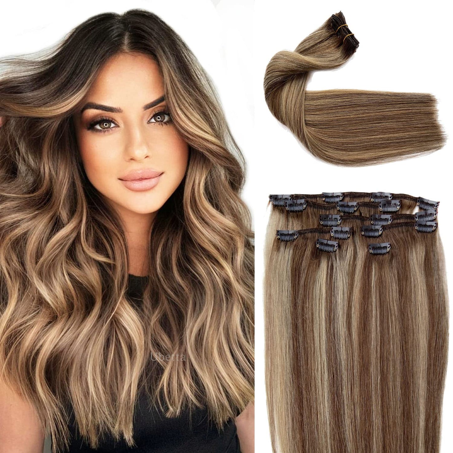 Clip In Hair Extensions, Ombre Brown To Chestnut Brown With Ash Blonde Highlights Real Human Hair Extensions Clip In 7Pcs 15Inch