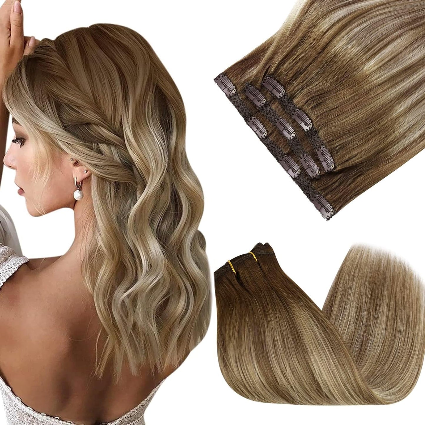 Sunny Human Hair Extensions Clip Ins Balayage Brown Blonde Clip In Hair Extensions Real Human Hair Clip In Extensions Ombre Medi
