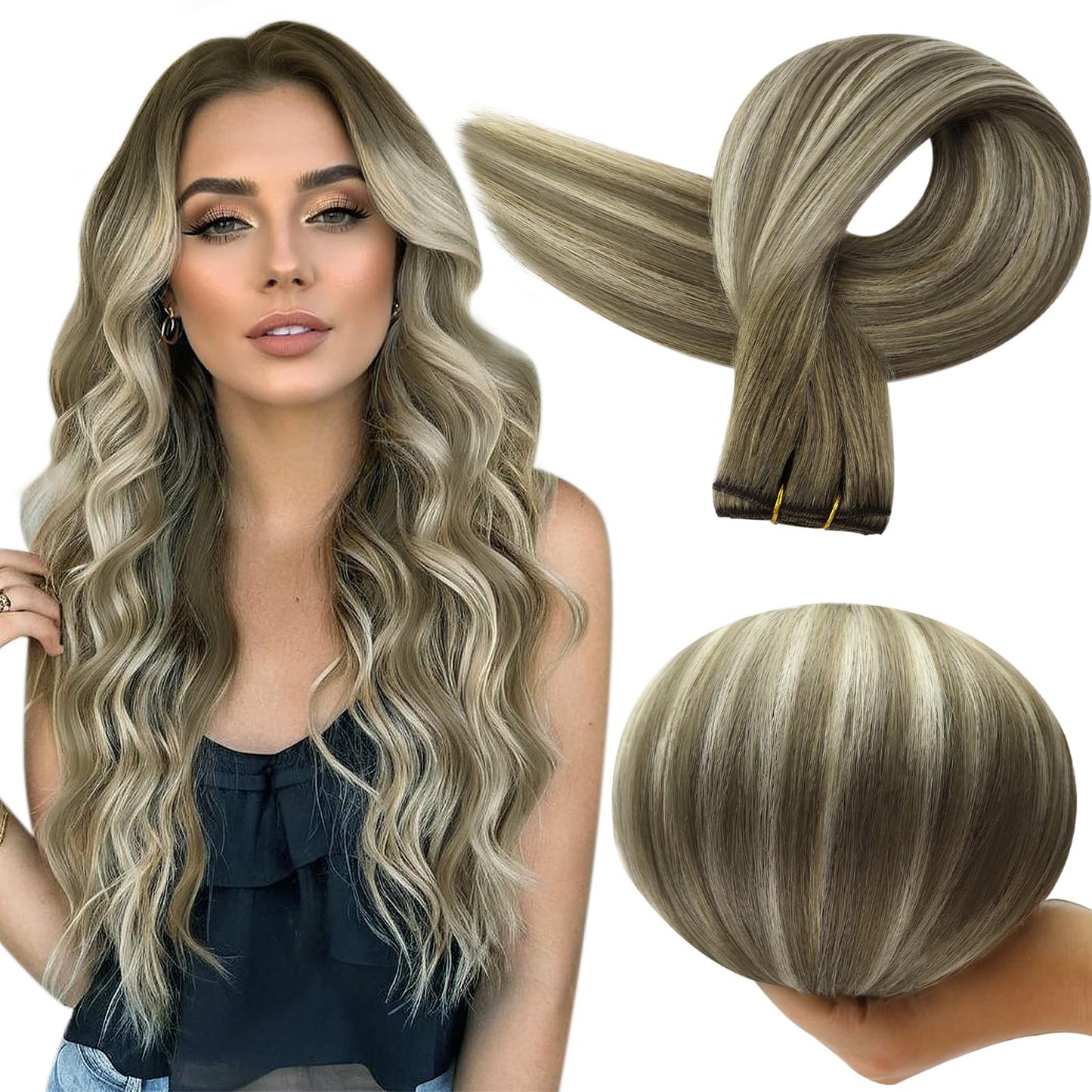 Full Shine Weft Human Hair Extensions Straight Hair Color 7/7/800 Ash Brown To Blonde Mix Brown Human Hair Extensions Sew In Hai