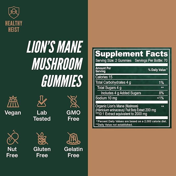 Lions Mane Mushroom Gummies for Adults, 140 Count Bulk Lion's Mane Chewables, High Potency 10:1 Organic Extract amounts to 2000mg, Supplement Supports Mental Clarity, Focus, Mood and Brain Fog