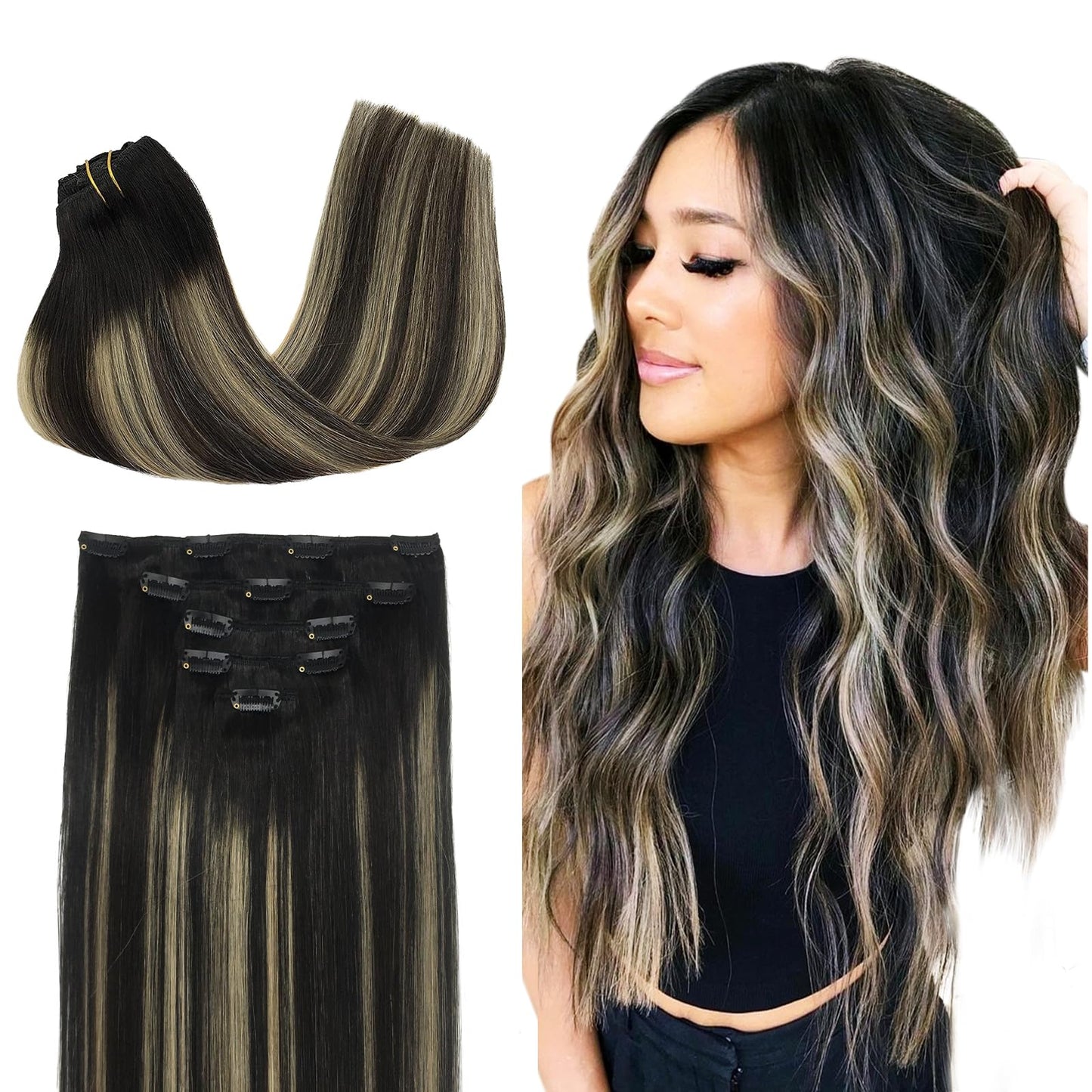 Doores Human Hair Extensions Clip In, 85G 5Pcs 22 Inch Natural Black To Light Blonde Balayage Clip In Hair Extensions Natural Ha