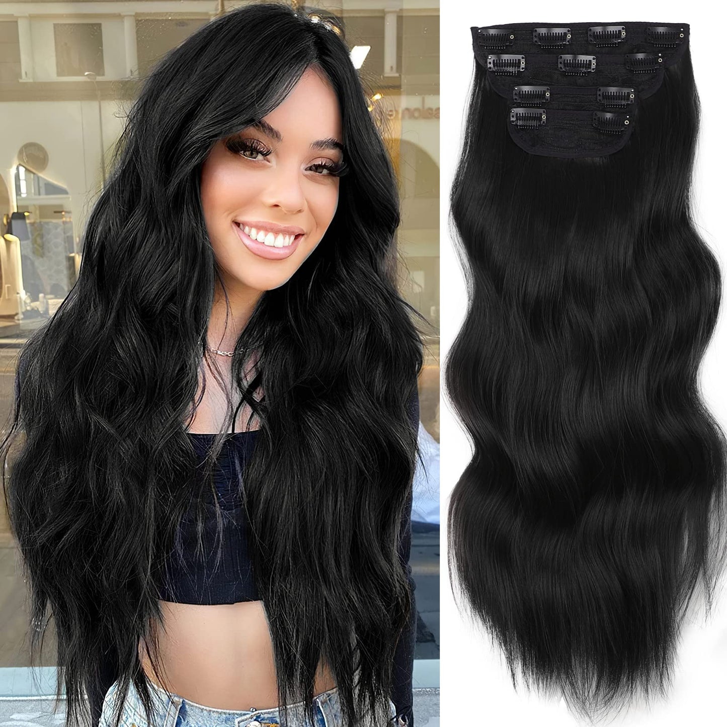 Vigorous Black Hair Extension For Women 20 Inch Natural Synthetic Clip In Hair Extensions 4Pcs Thick Synthetic Wavy Hair Extensi