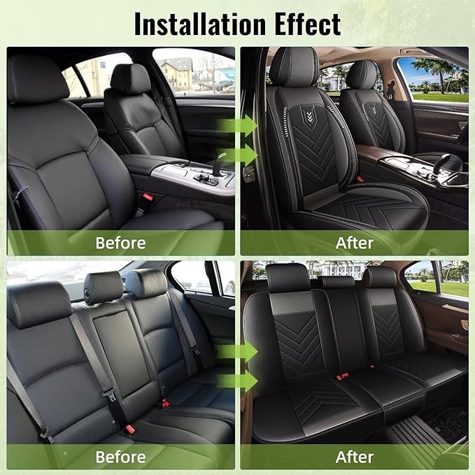 AOMSAZTO Car Seat Covers Full Set Fit for Ford Taurus 2002-2019 Faux Leather Waterproof Seat Covers Automotive Seat Cushion Protector(5 Seats, Black&Grey)