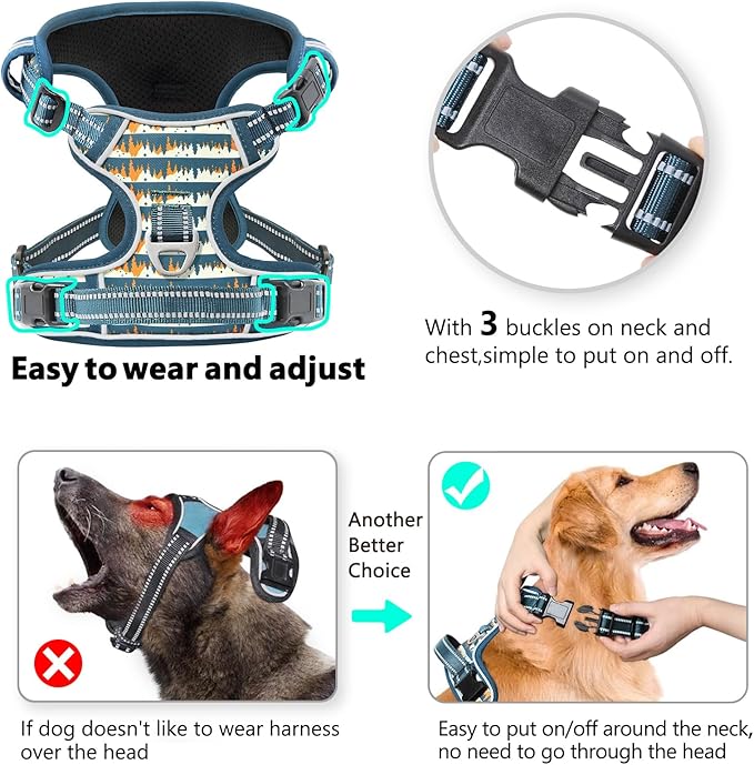 Timos Dog Harness, 3 Snap Buckles No-Pull Soft Padded Dog Vest with 2 Metal Leash Clips, Adjustable Reflective No Choke Pet Harness with Easy Control Handle for Small Dogs, Sunset Valley, S