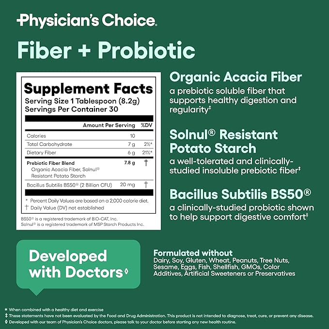 Physician's CHOICE Fiber & Probiotic Powder - Supports Regularity, Bloating, Gas, & Digestive Health - Organic Prebiotics - Sugar Free Fiber Supplement for Women & Men - Unflavored - 8.7oz