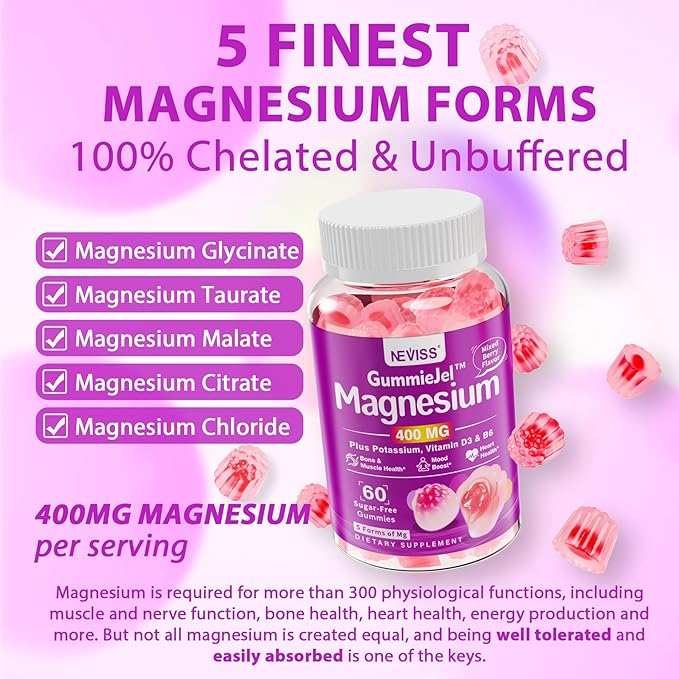 Magnesium Supplements 400mg - 5 Forms of Magnesium: Glycinate, Citrate, Malate, Chloride & Taurate - Sugar Free Magnesium Gummies with Ashwagandha Vitamin D3 & Zinc for Muscle, Mood & Energy, 60Cts