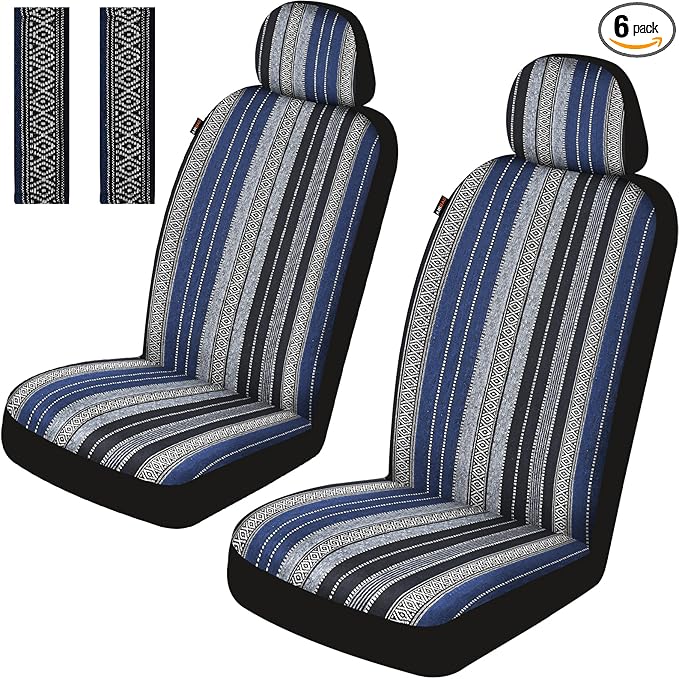 Baja Saddle Blanket Car Seat Covers Front Set with Seat Belt Pads, Washable Breathable Striped Woven Cloth Seat Covers for Cars, SUV, Truck, Airbag Compatible(Blue)