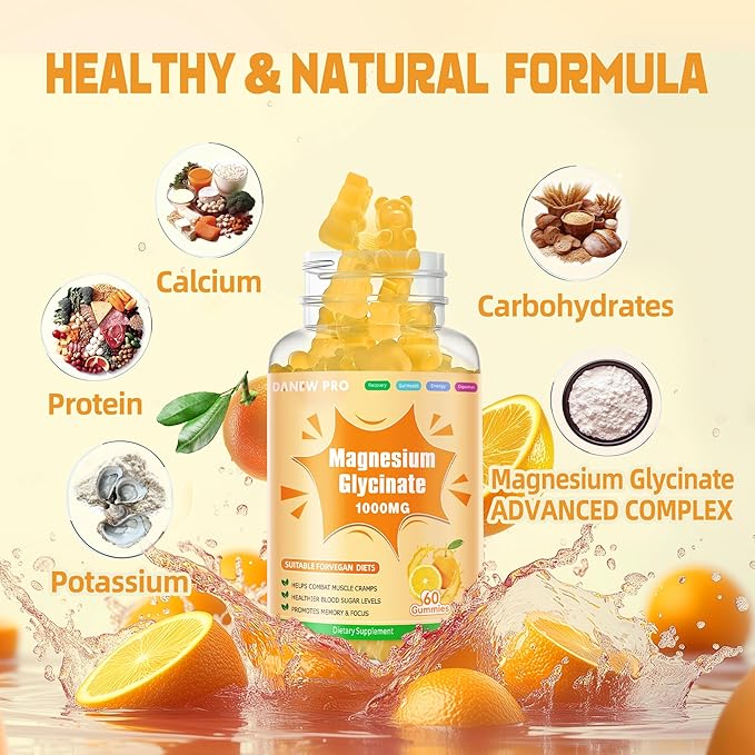 Magnesium Glycinate Gummies 1000mg - Sugar Free Magnesium Potassium Supplement with Vitamin D, B6, CoQ10 for Calm Mood & Sleep Support - 60 Orange Gummies