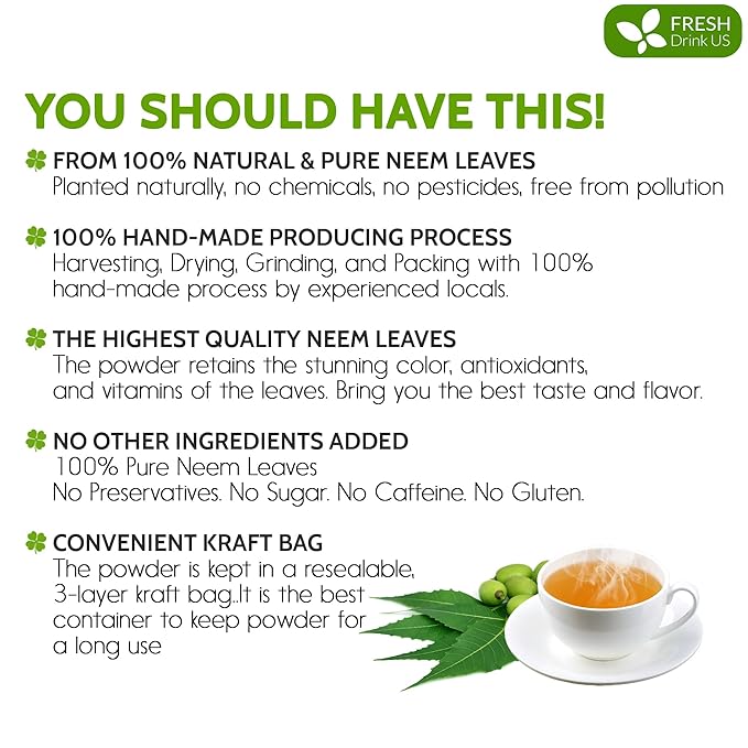 FreshDrinkUS, Premium 10oz Neem Leaf Powder, 100% Natural and Pure from Neem Leaves Dried, for Hair and Skin, No Additives, No Gluten, No Sugar, Vegan