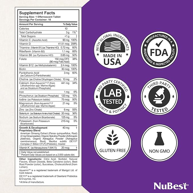 NuBest Tall Fizzy - Bone Strength, Immunity, Digestive Health for Kids & Teens | Probiotic, Calcium, Magnesium from Red Marine Algae, Vitamin D3, K2 & Zinc | 20 Orange Effervescent Tablets - Ages 4+