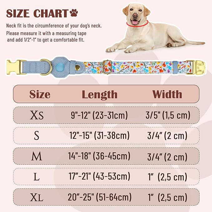 AirTag Dog Collar for Small Medium Large Breed - Adjustable Cute Pattern Dog Collar with Airtag Holder - Soft Leather Tracker GPS Apple Air Tag Pet Collars (Large, 17"-21" Neck Fit, Floral)