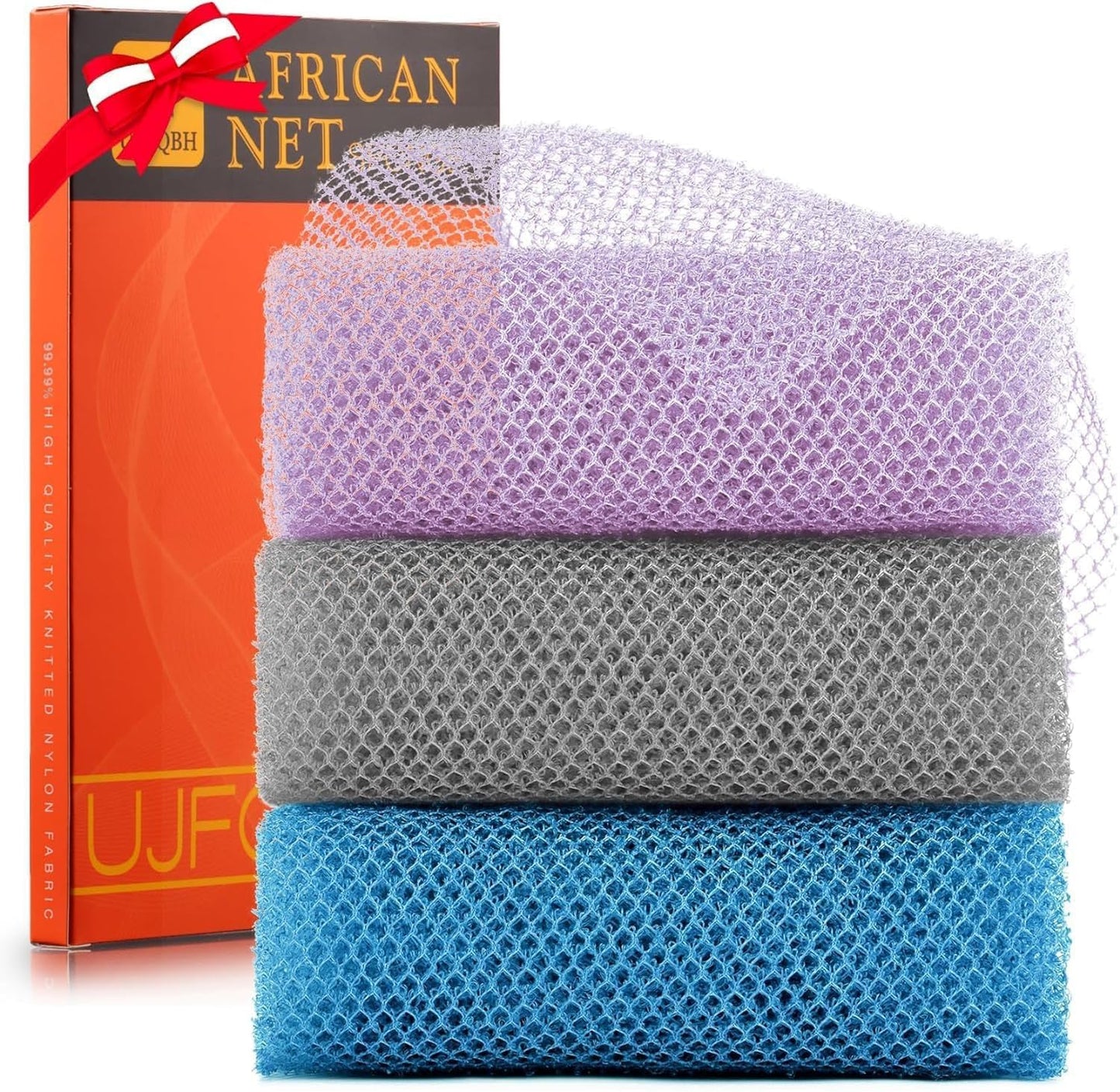 3-Piece African Net Bath Sponge Set | Exfoliating Body Scrubber | Black, Blue, Brown