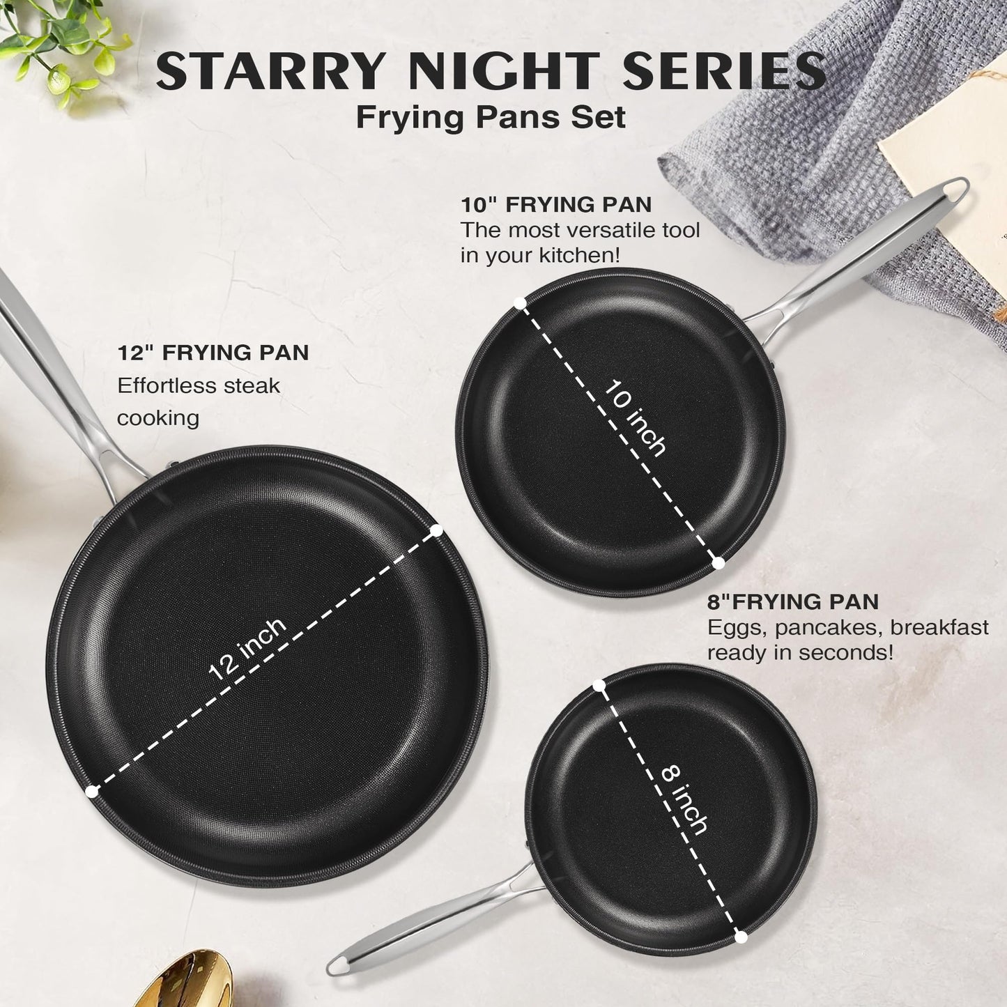 KITEXPERT Non Stick Frying Pans Set, Titanium Ceramic Pan with Lids, Nonstick Skillet Stainless Steel, PFAS PFOA & PTFE Free, Dishwasher & Oven Safe, All Cooktops Compatible, 3 Piece (8, 10, 12")