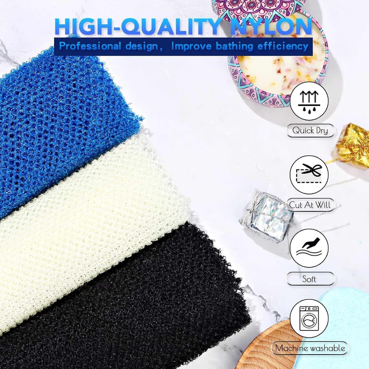 3-Piece African Net Bath Sponge Set | Exfoliating Body Scrubber | Black, Blue, Brown